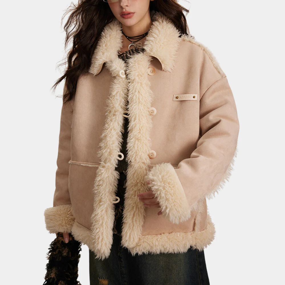 Beige buttoned jacket with cream-white fluff trim