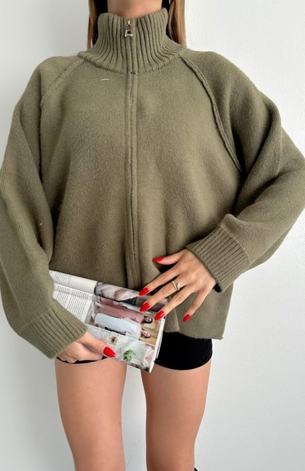 Oversized zip cardigan with high collar