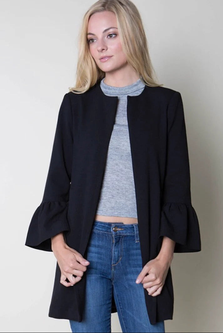 Black open coat with ruffle sleeves