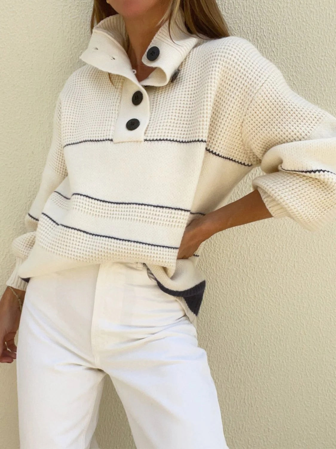 Cream striped sweater with button collar
