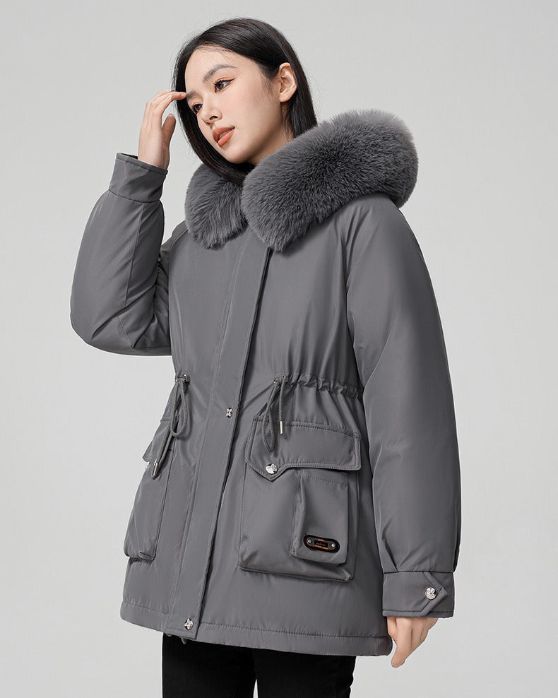Puffer parka with fluffy collar and adjustable waist
