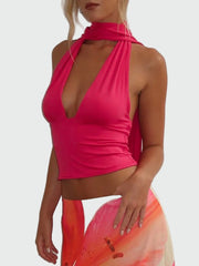 Halterneck top with deep v-neck and scarf band