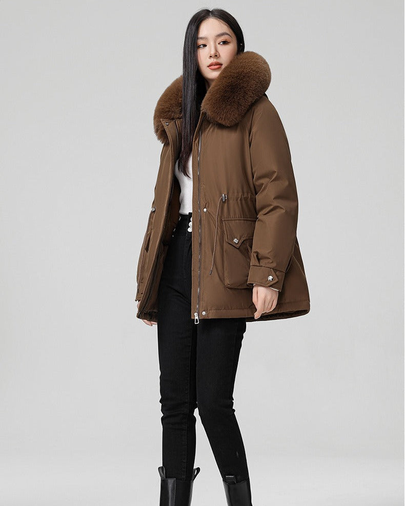Puffer parka with fluffy collar and adjustable waist