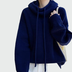 Knitted hoodie with high collar and drawstrings