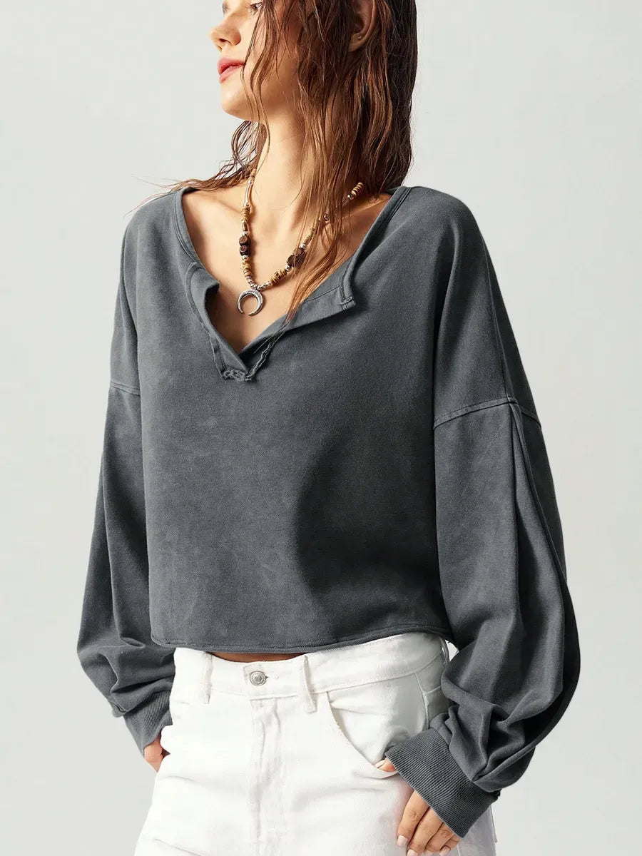 Dark Gray cropped sweatshirt with raw V-neck