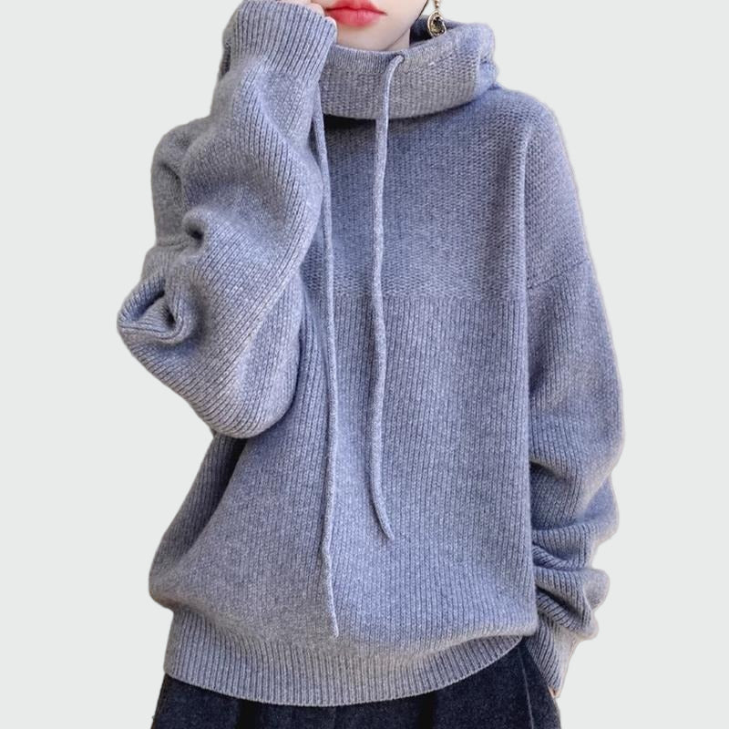 Knitted hoodie with high collar and drawstrings