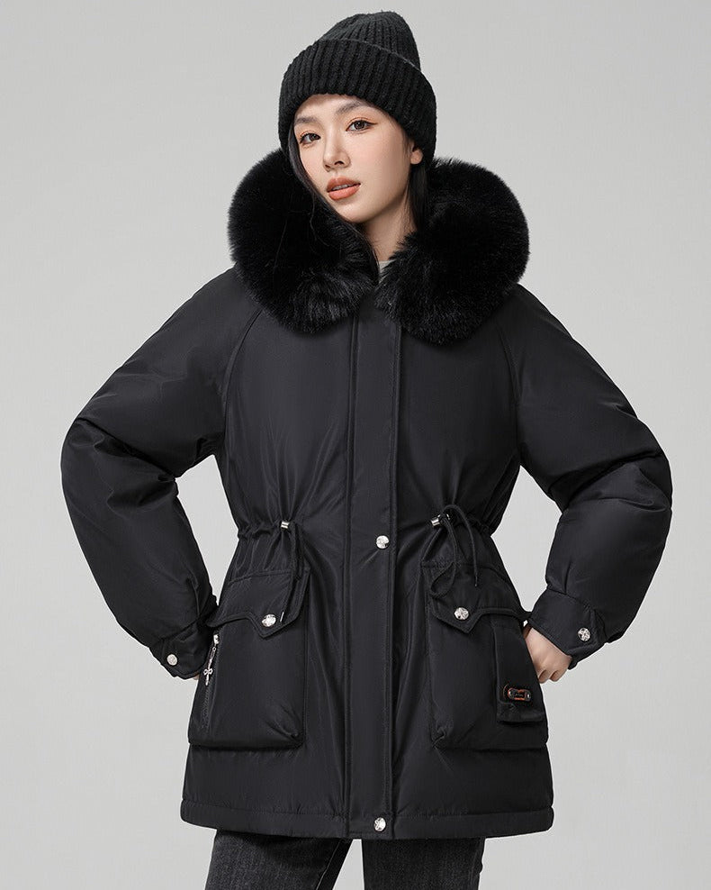 Puffer parka with fluffy collar and adjustable waist