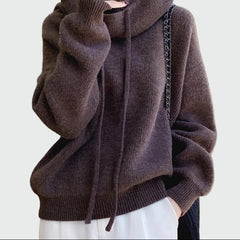 Knitted hoodie with high collar and drawstrings