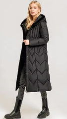 Long padded coat with belt and hood