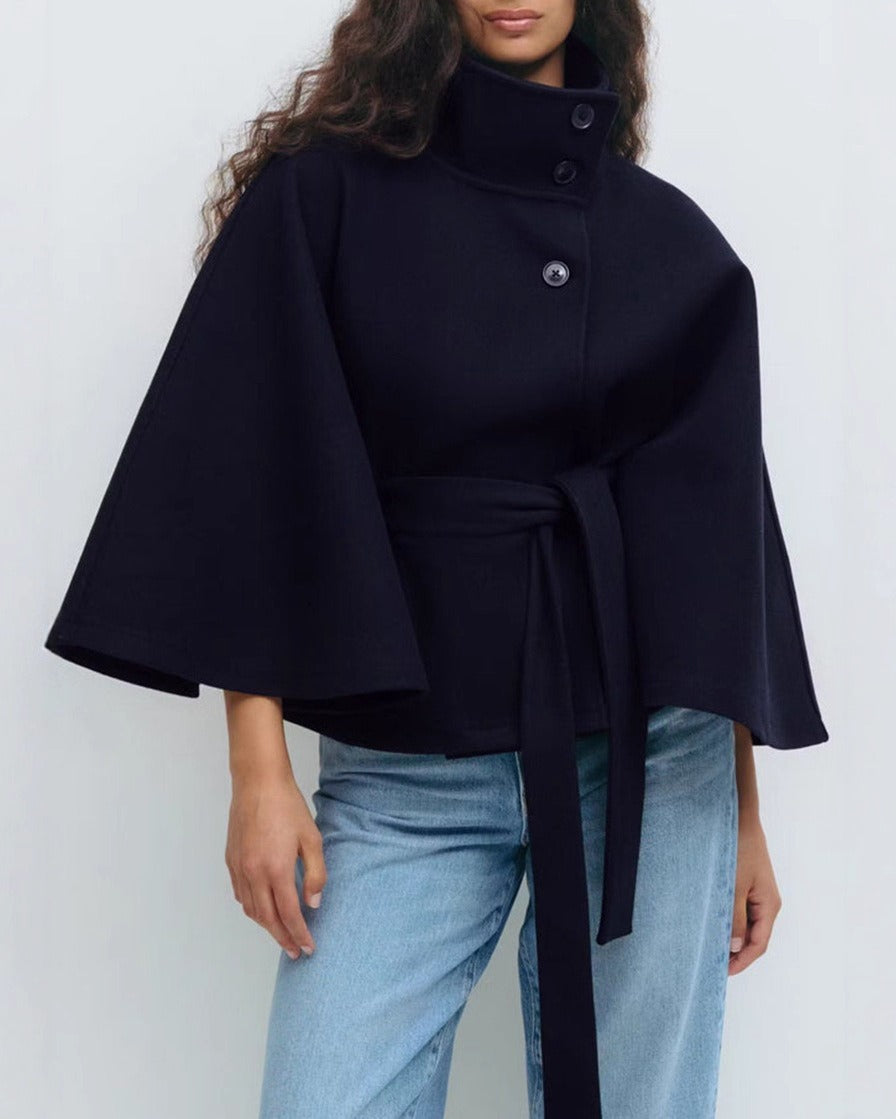 Cape coat with belt and high collar