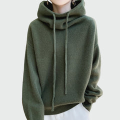 Knitted hoodie with high collar and drawstrings