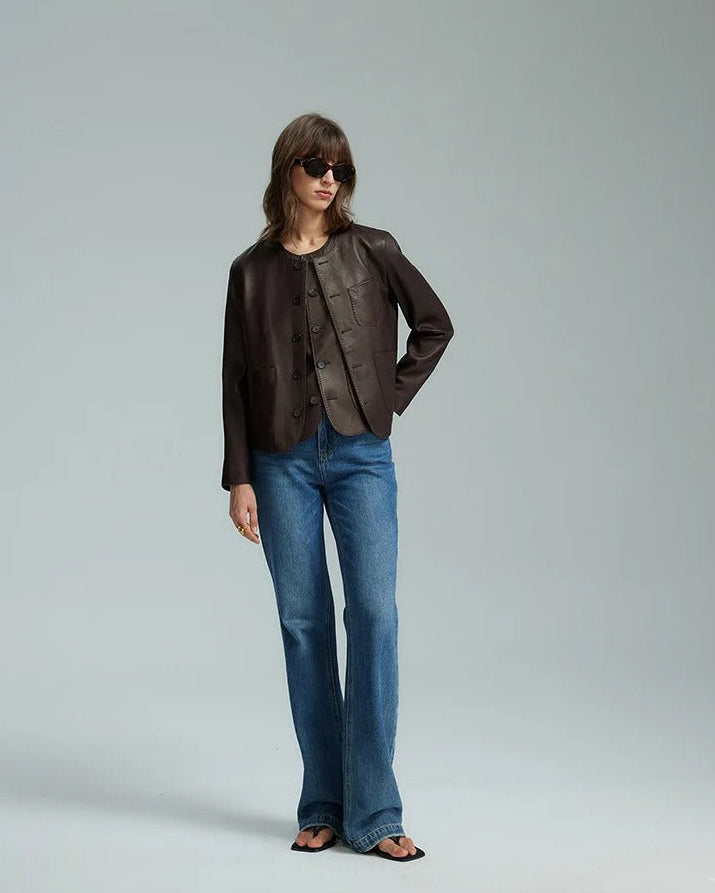 Dark brown collarless jacket with patch pockets