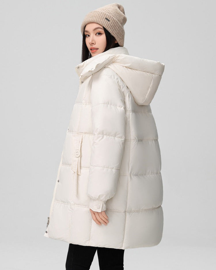 Long puffer jacket with high collar and hood