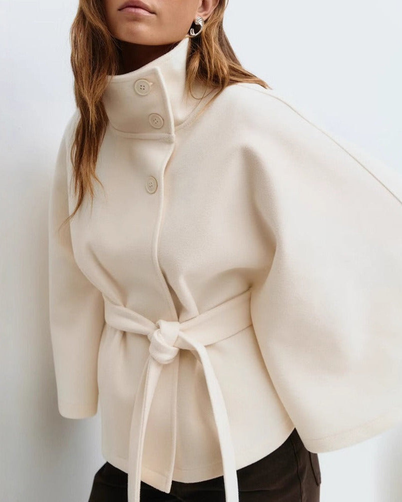 Cape coat with belt and high collar