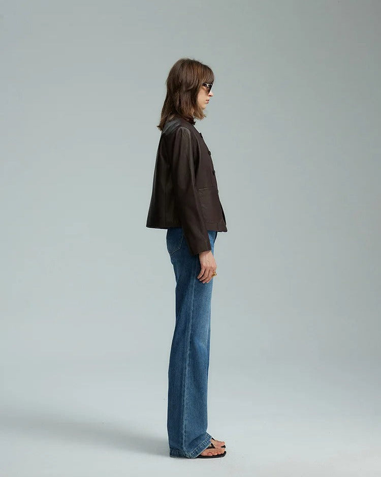 Dark brown collarless jacket with patch pockets