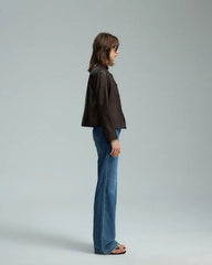 Dark brown collarless jacket with patch pockets