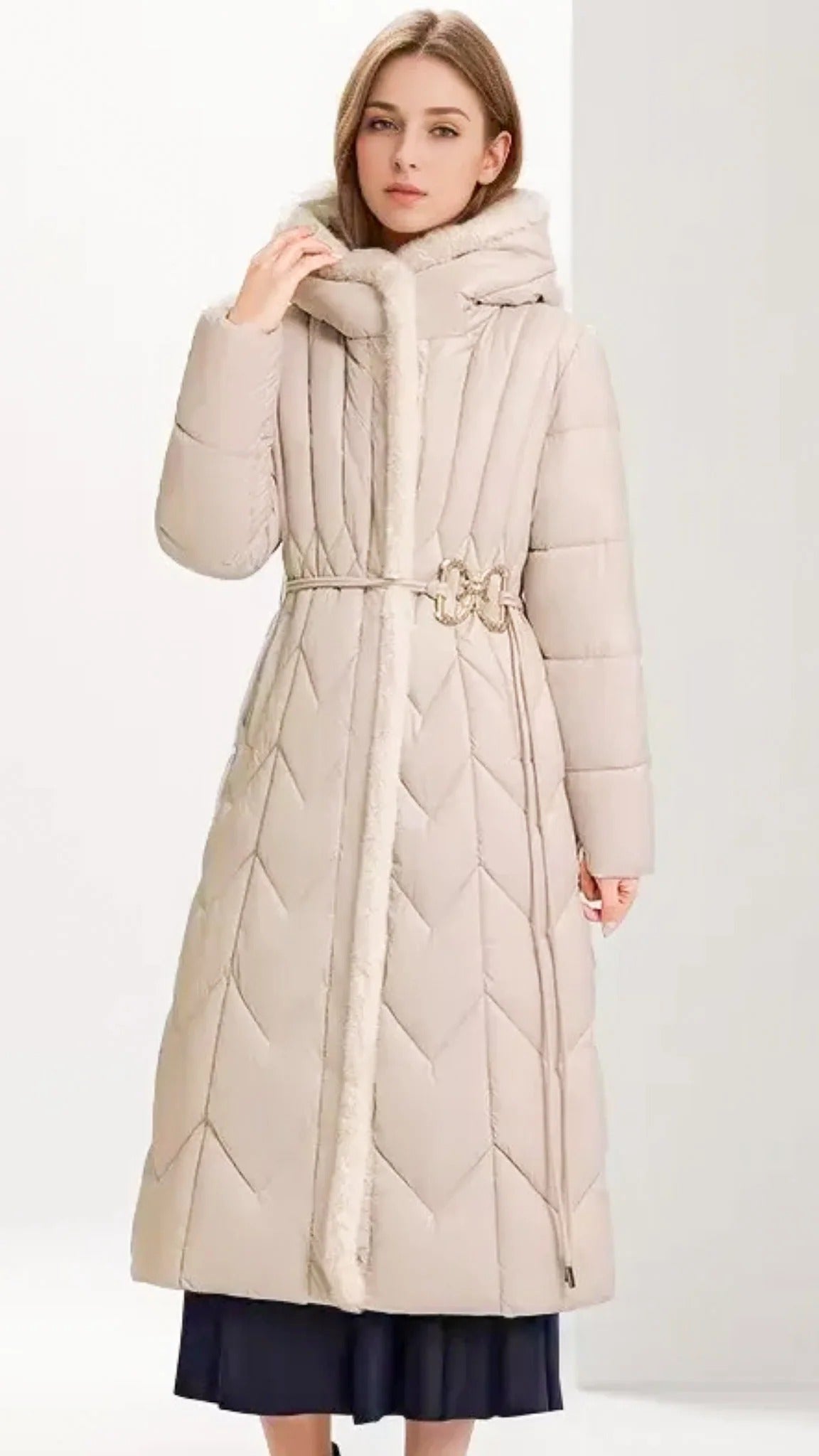 Long padded coat with belt and hood