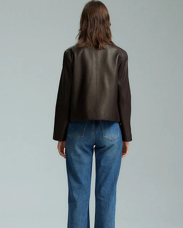 Dark brown collarless jacket with patch pockets