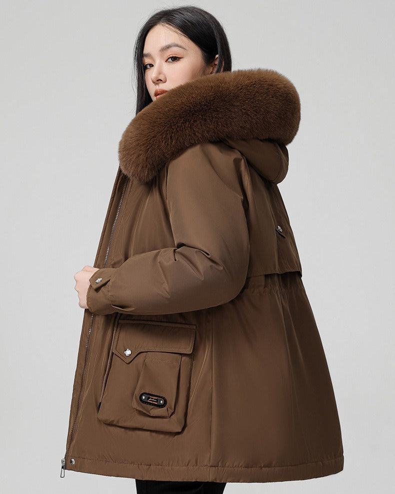 Puffer parka with fluffy collar and adjustable waist