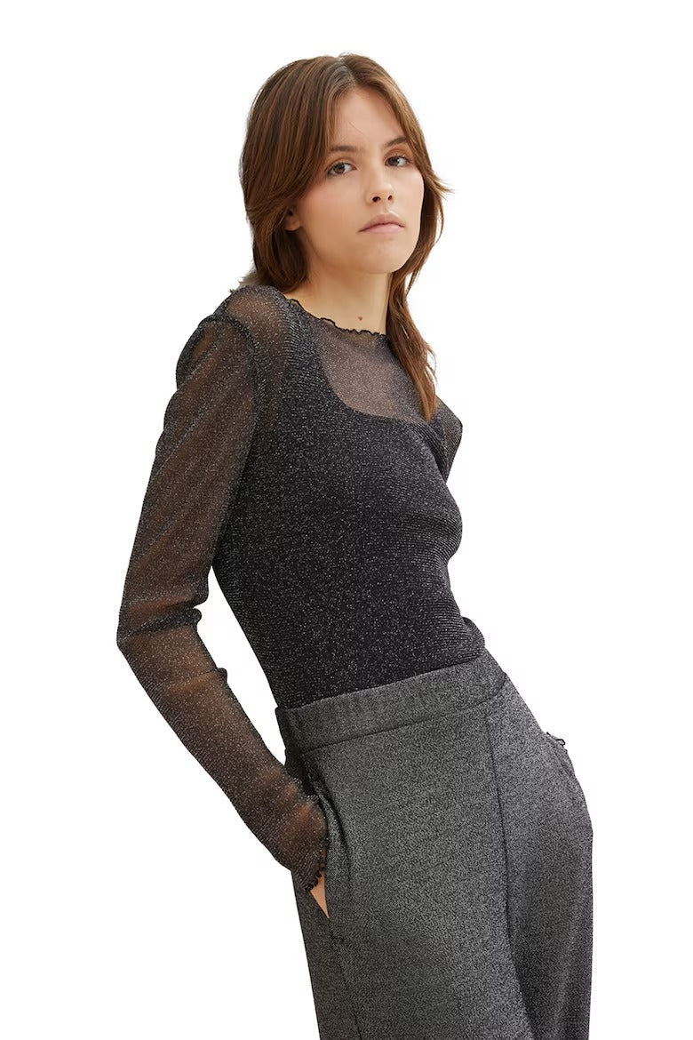 Black glittery top with transparent sleeves