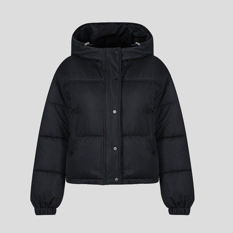 Short puffer jacket with hood and high collar