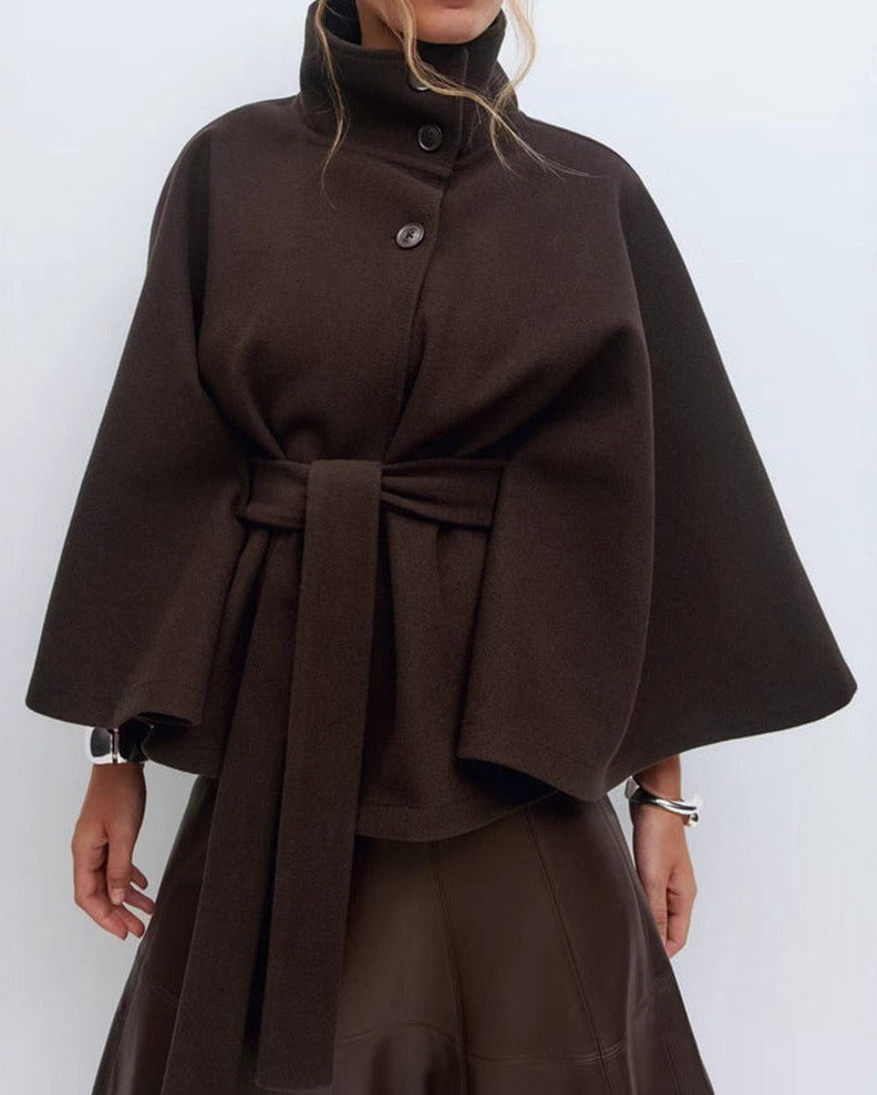 Cape coat with belt and high collar