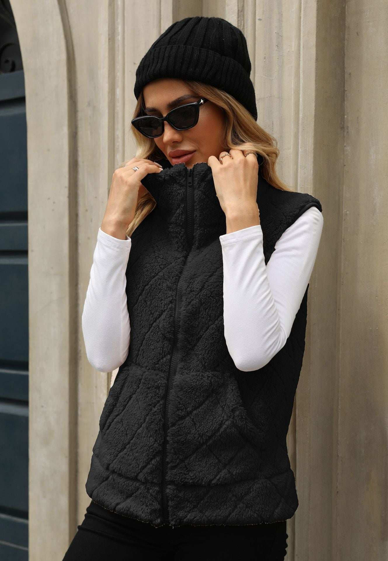 Quilted puffer vest with stand-up collar