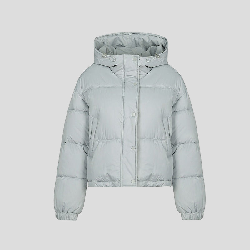 Short puffer jacket with hood and high collar