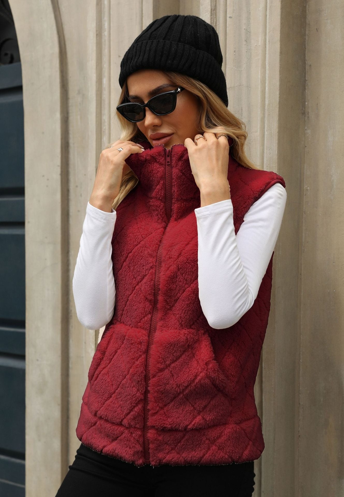 Quilted puffer vest with stand-up collar