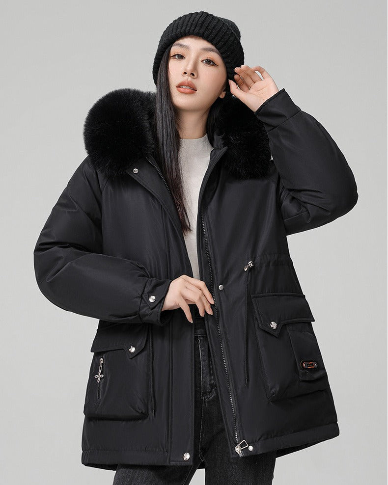 Puffer parka with fluffy collar and adjustable waist