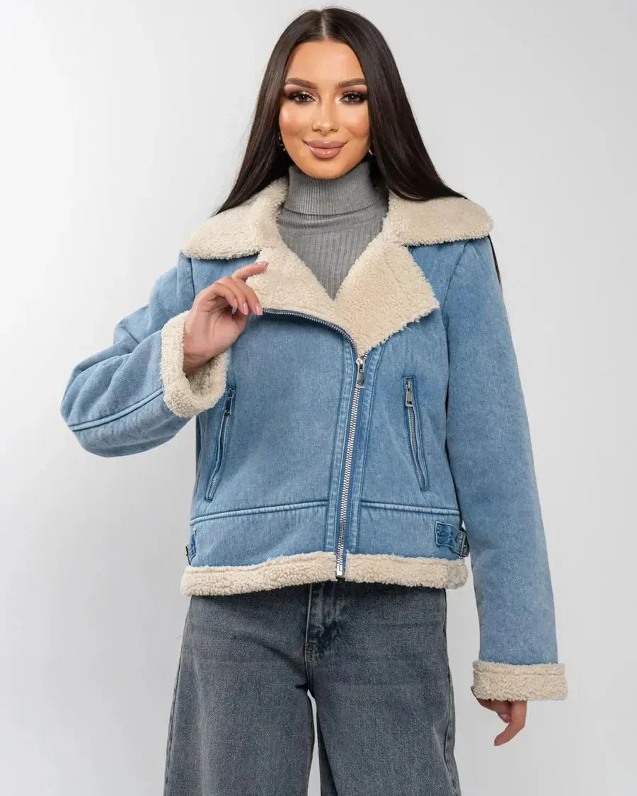 Light blue denim jacket with asymmetric zipper and cream trim