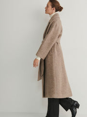 Taupe long coat with tie belt