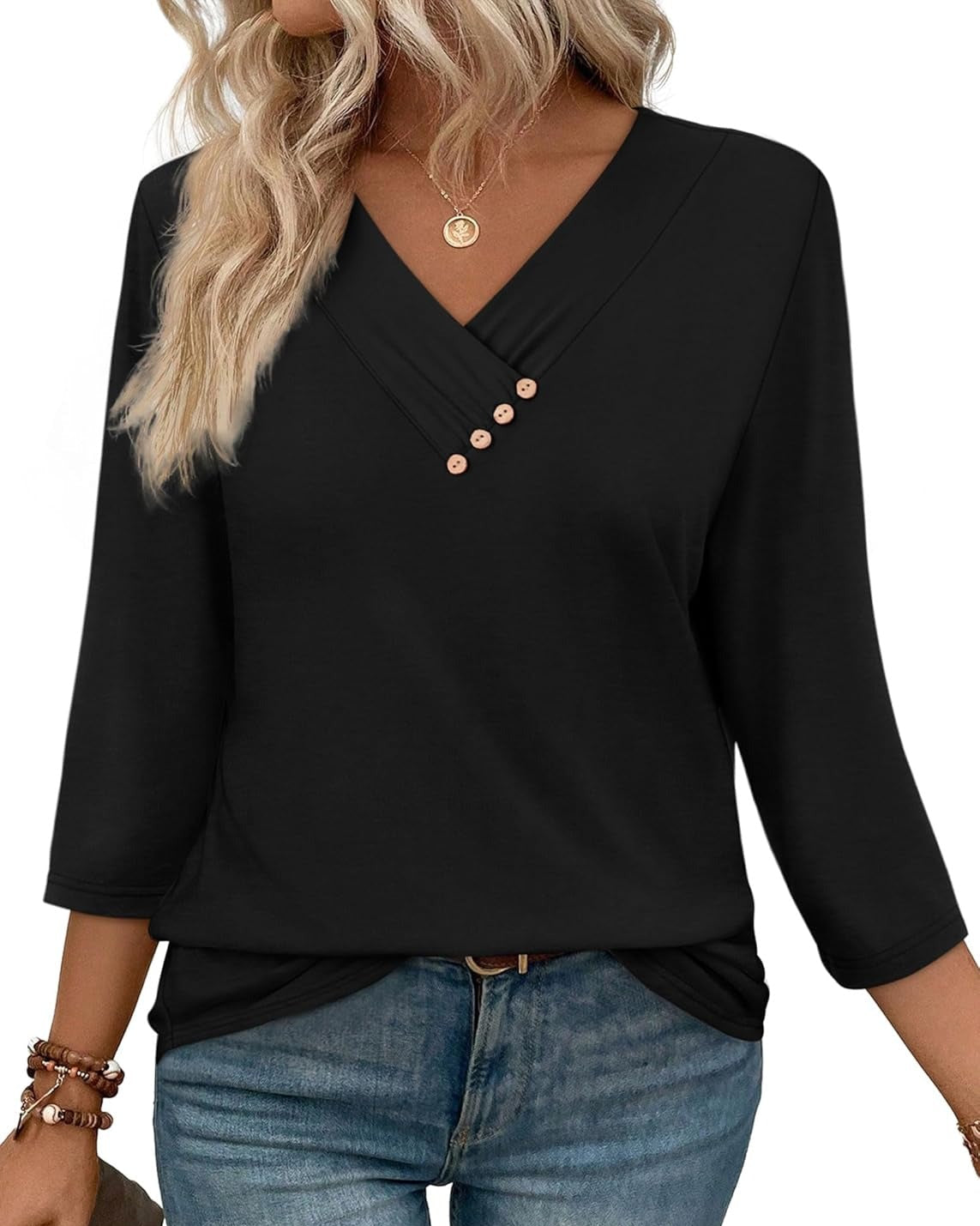 V-neck top with gathered front and decorative buttons