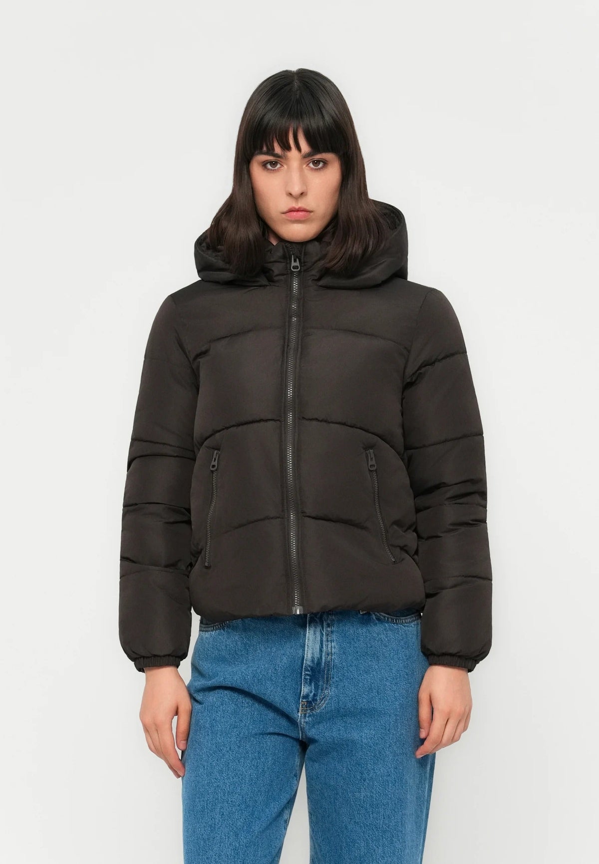 Black puffer jacket with hood and zip pockets