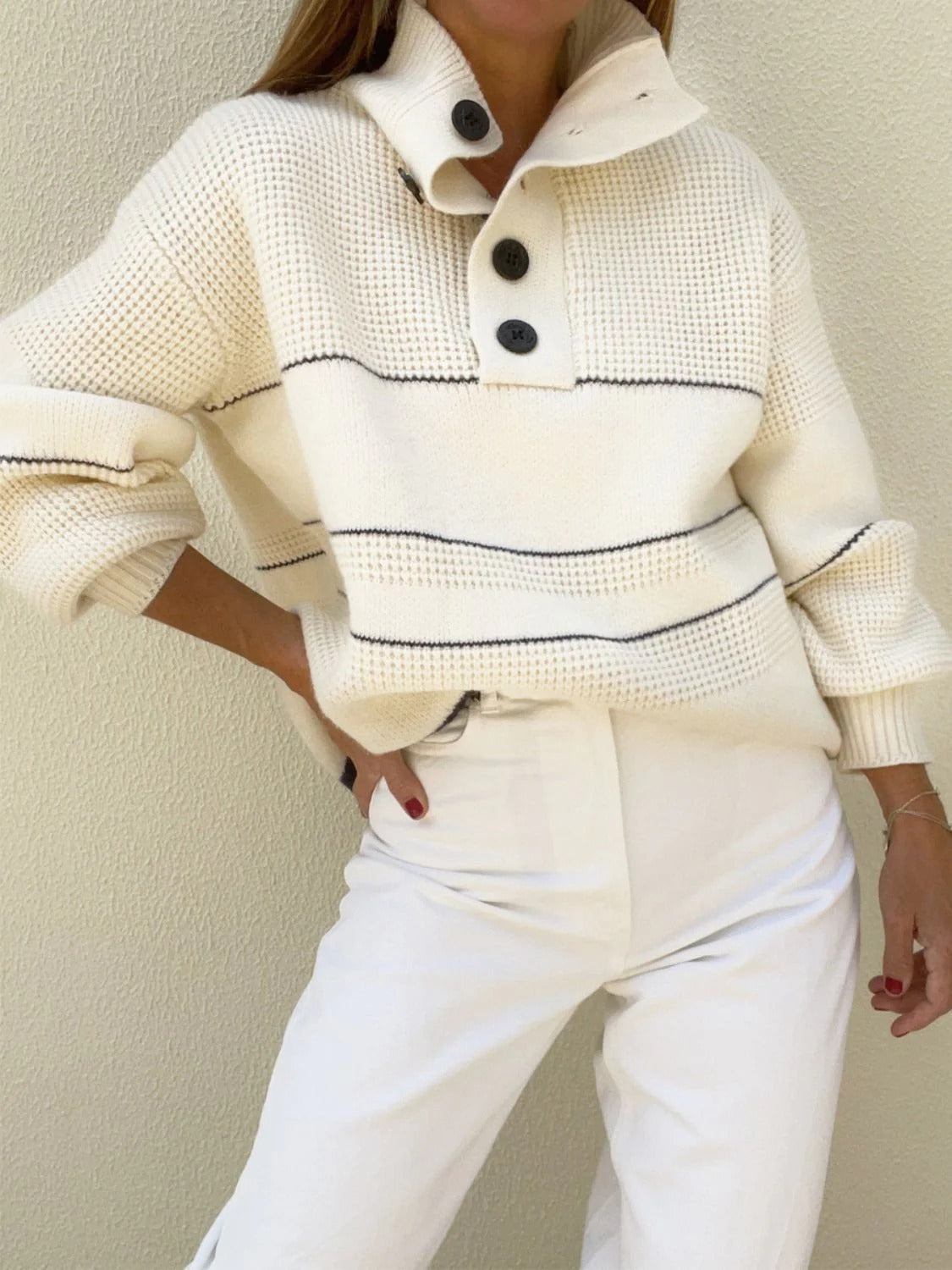 Cream striped sweater with button collar