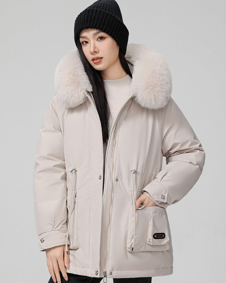 Puffer parka with fluffy collar and adjustable waist