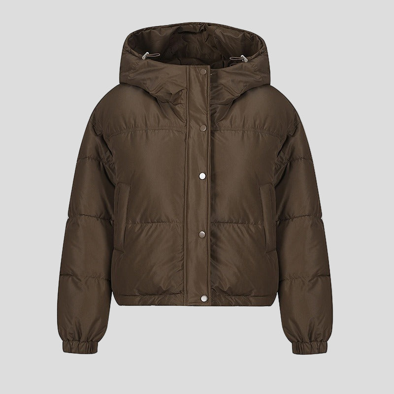 Short puffer jacket with hood and high collar