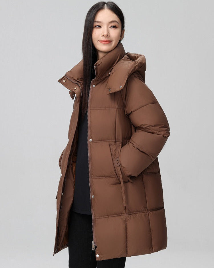 Long puffer jacket with high collar and hood