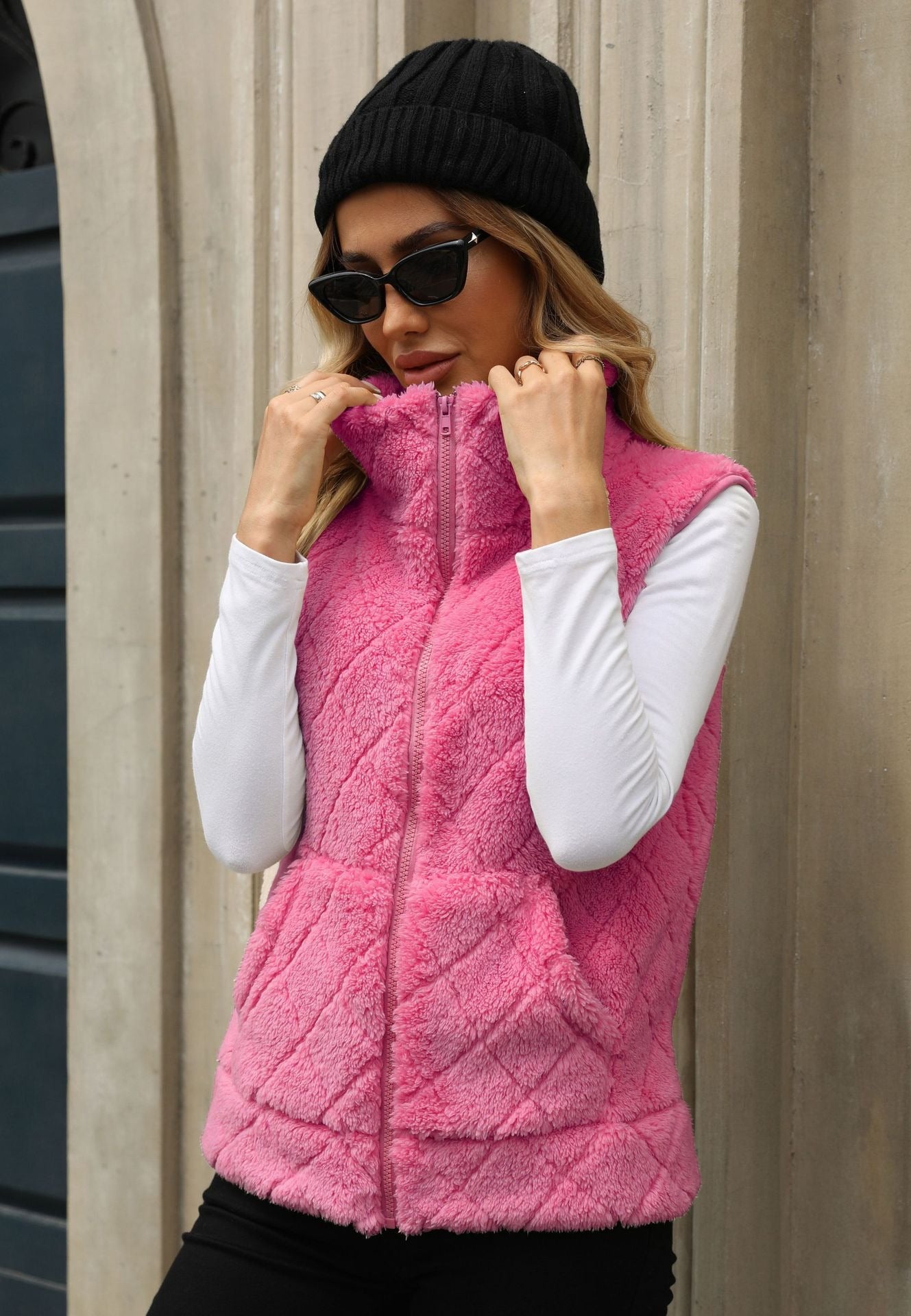 Quilted puffer vest with stand-up collar