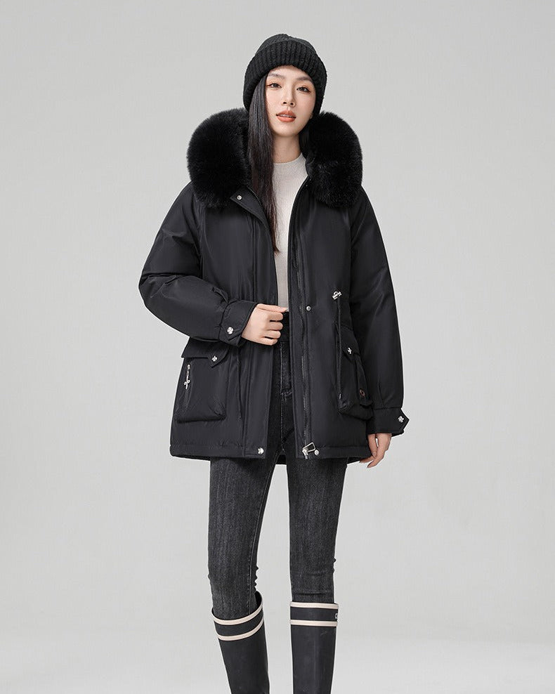 Puffer parka with fluffy collar and adjustable waist