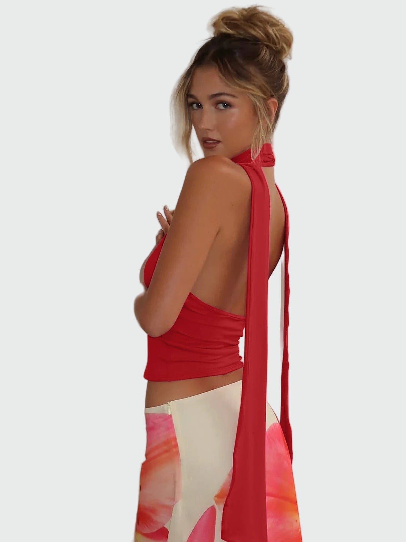 Halterneck top with deep v-neck and scarf band