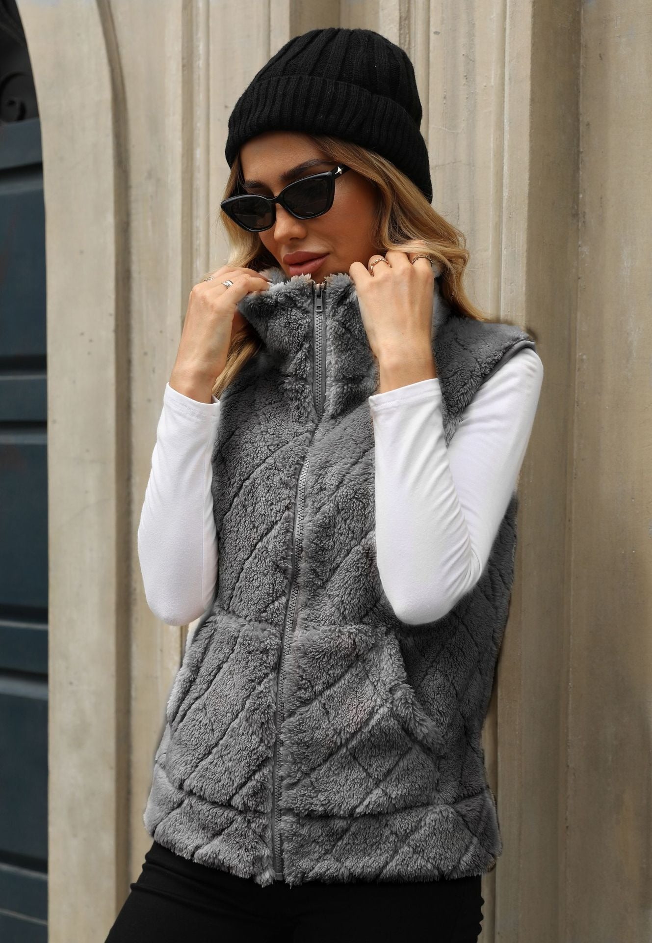 Quilted puffer vest with stand-up collar