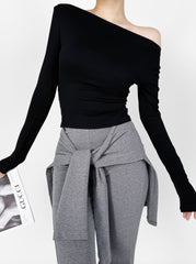 Asymmetrical off-shoulder long-sleeved top with ruched detail