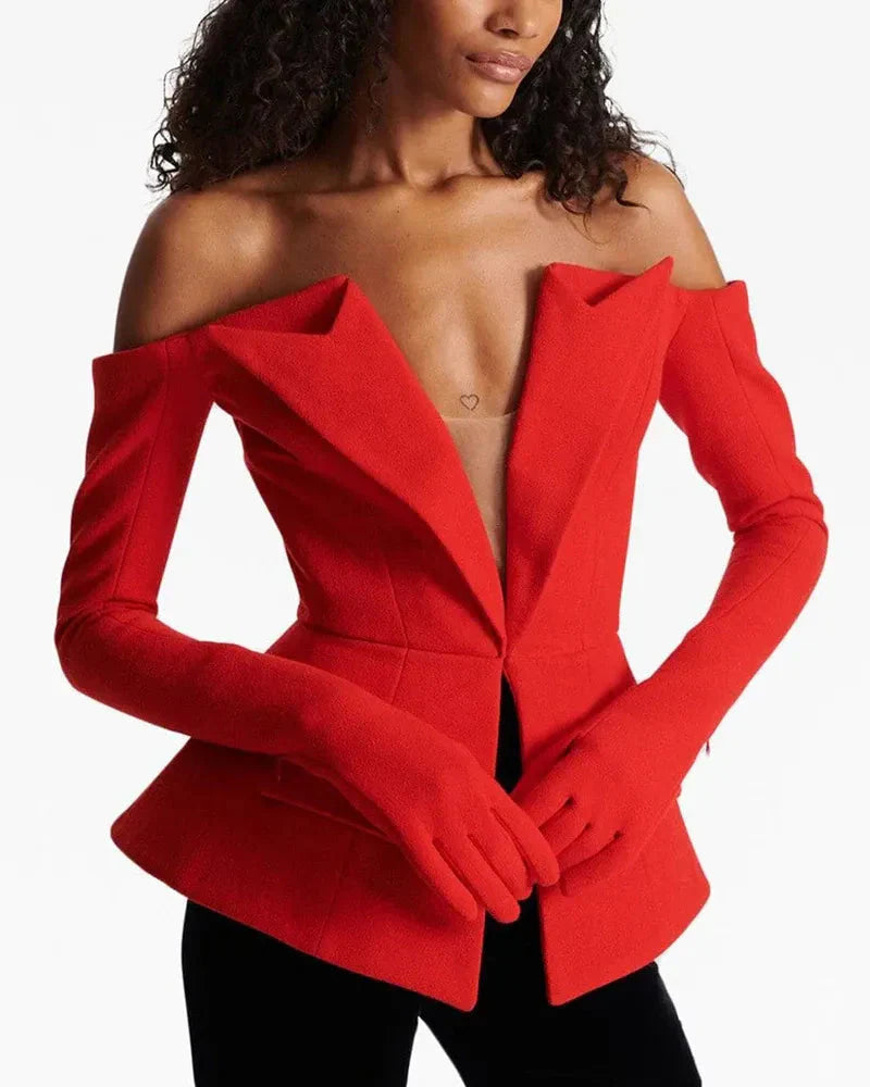 Red off-shoulder blazer with sculpted waist