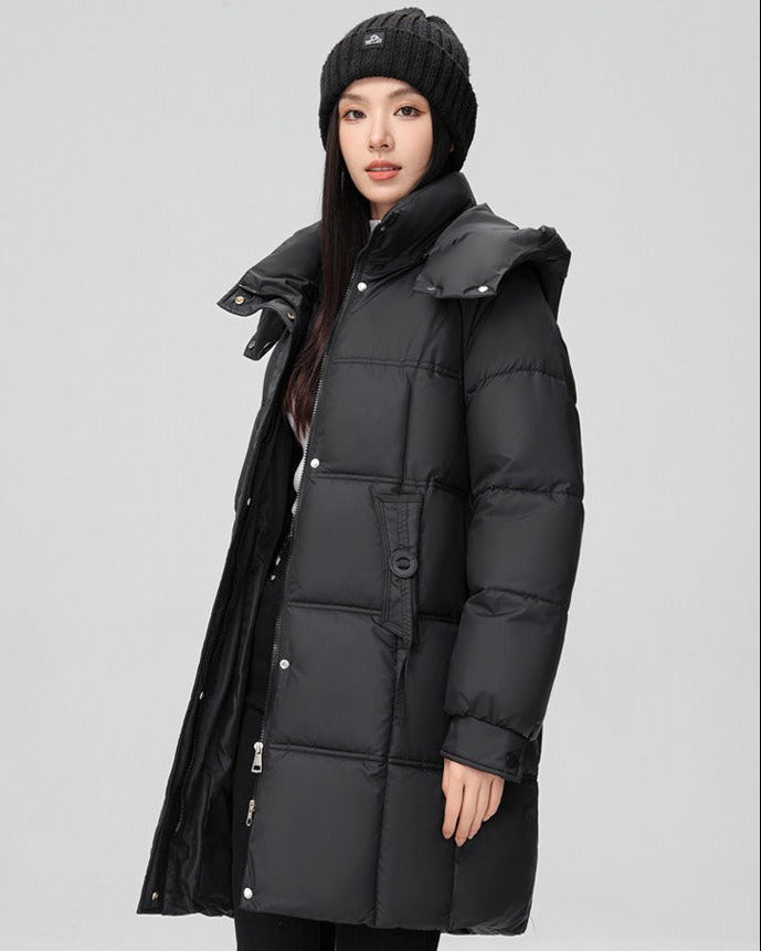 Long puffer jacket with high collar and hood