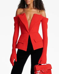 Red off-shoulder blazer with sculpted waist
