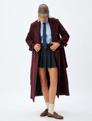Burgundy long trench coat with tie belt