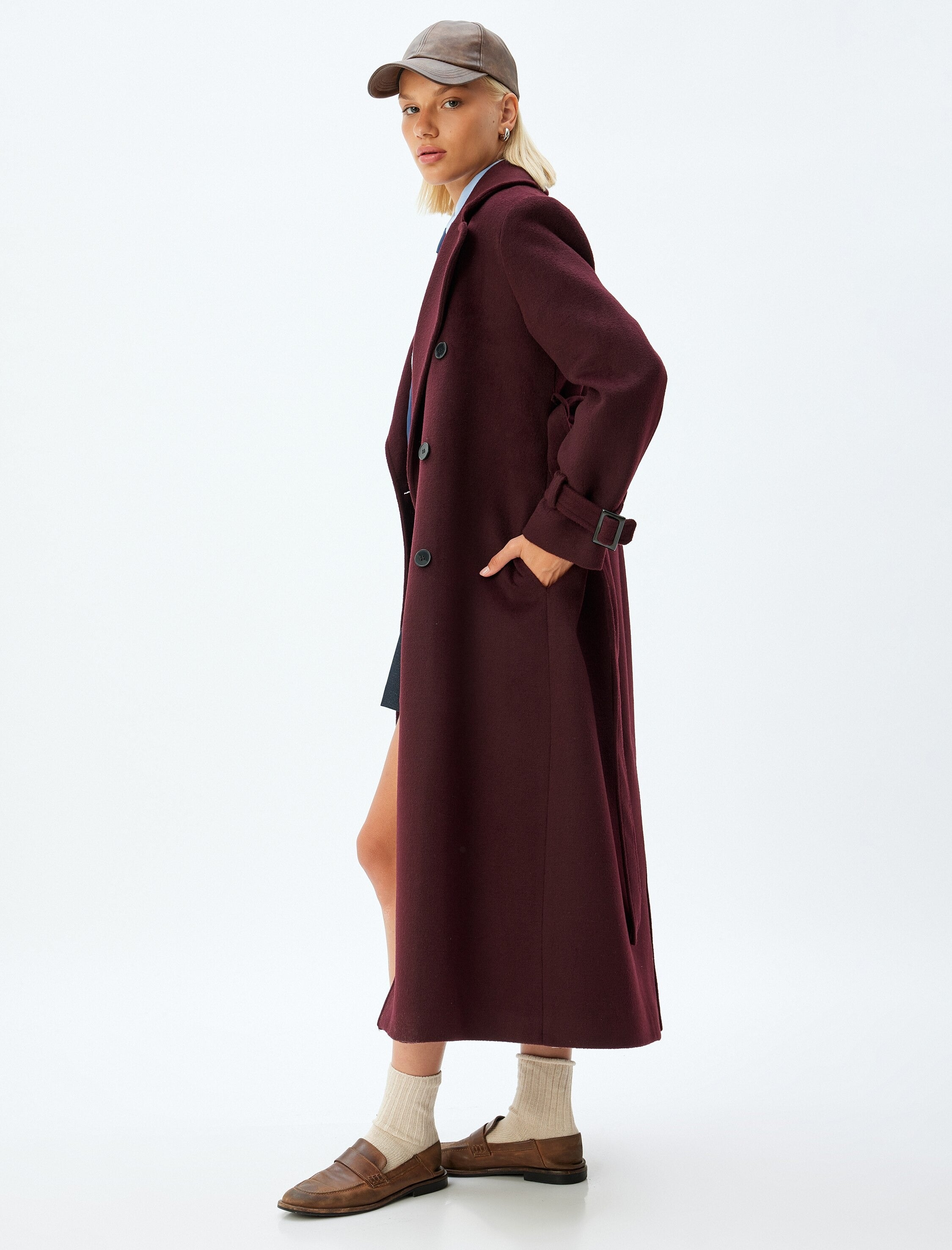 Burgundy long trench coat with tie belt