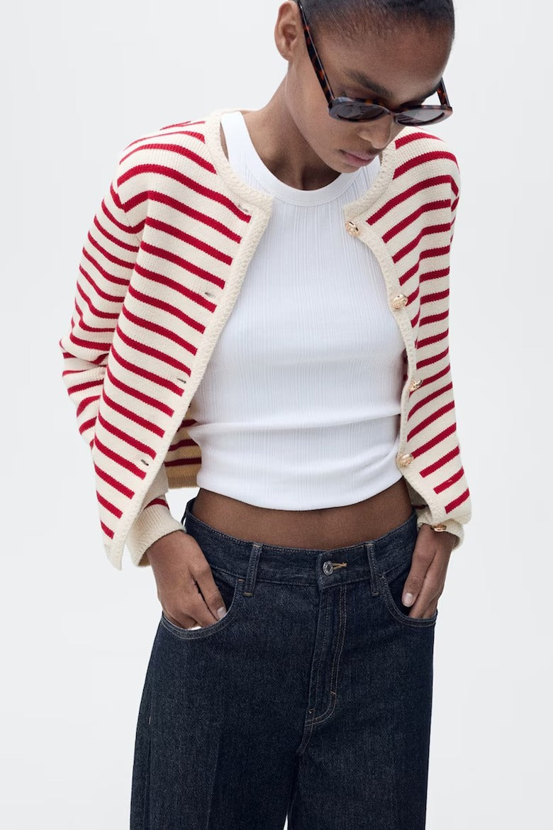 Striped cardigan in red and cream