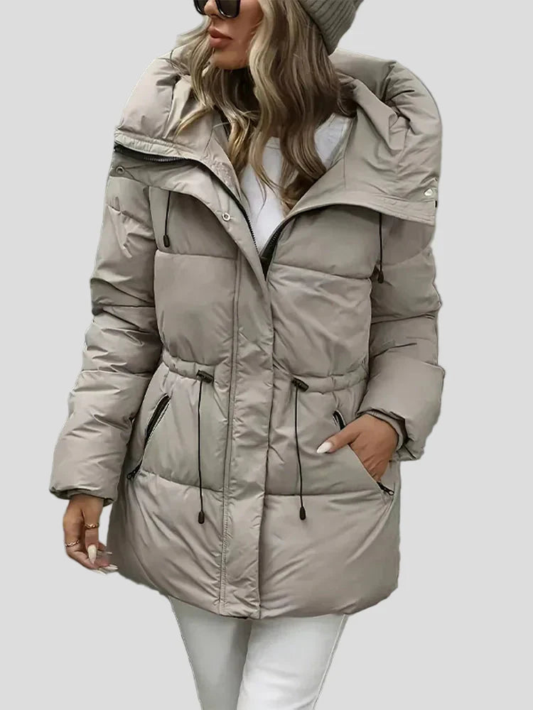 Taupe padded parka with hood – adjustable waist